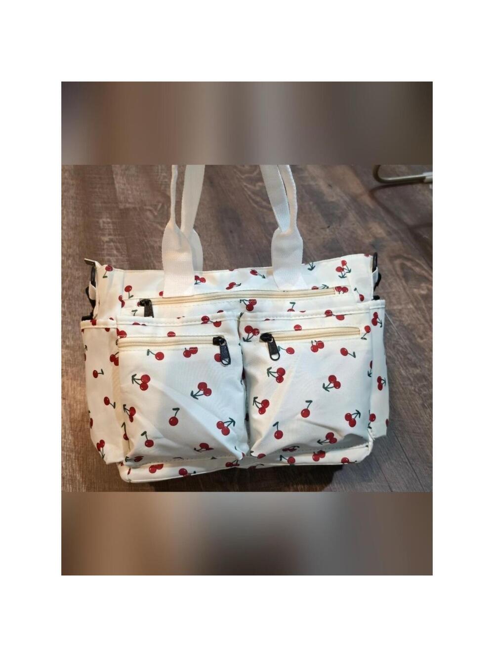 Cream Cherry-Print Tote Bag with Front Zip Pockets - Picture 1 of 8